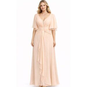 Blush Pink Chiffon Formal Dress Flutter Sleeve Ruched Evening Gown Size 12